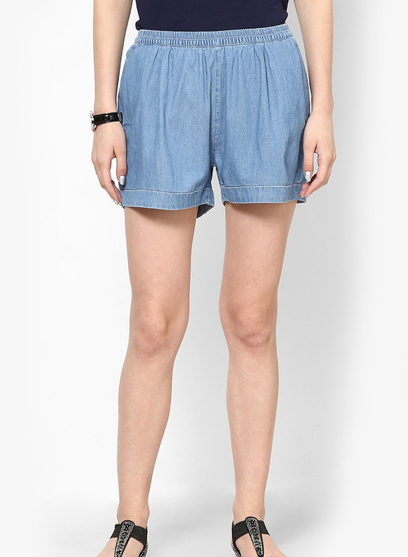 Only Solid Women Blue Baggy Shorts
