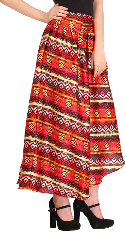 Cottinfab Printed Women Asymetric Red Skirt