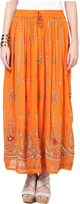 JABAMA Embroidered Women Regular Orange Skirt