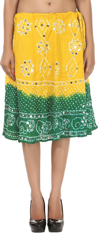 Rajrang Self Design Women Wrap Around Green, Yellow Skirt