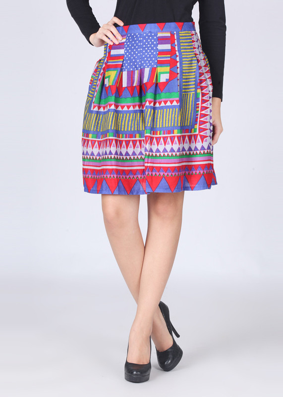 Global Desi Printed Women Wrap Around Blue, Red, White, Yellow Skirt