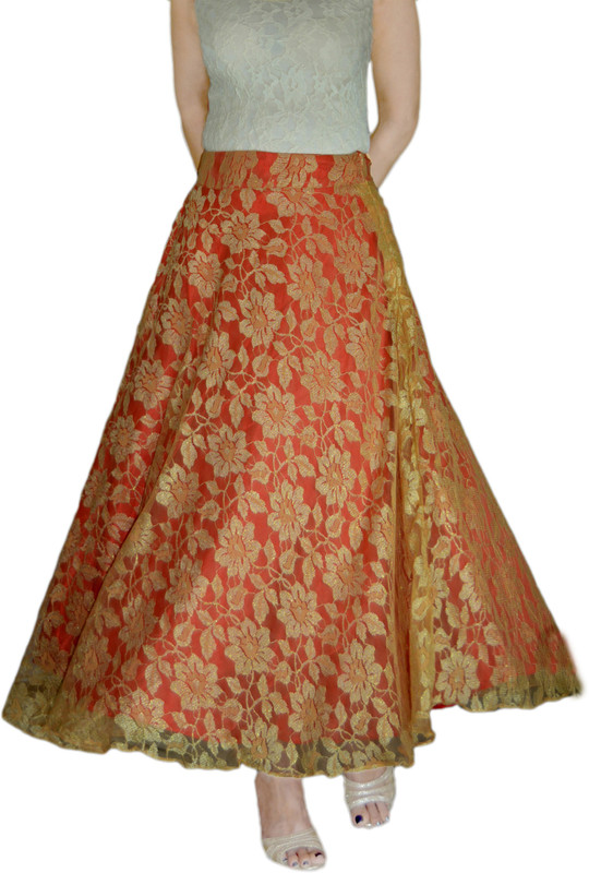 DeeVineeTi Self Design Women Regular Gold, Red Skirt