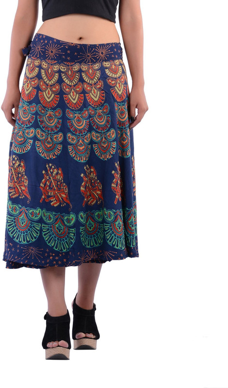 Indi Bargain Printed Women Wrap Around Blue, Green Skirt