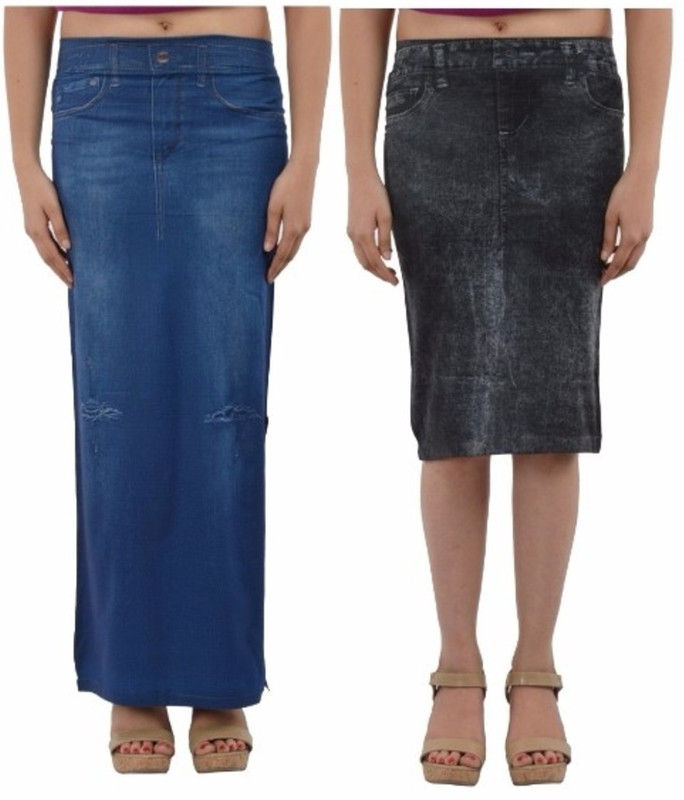 Timbre Solid Women Pencil Black, Blue Skirt