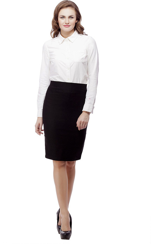Purple Feather Solid Women's Pencil Black Skirt
