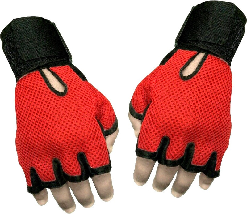 Sports 101 Netted with Wrist Support Gym & Fitness Gloves (Free Size, Red, Black)
