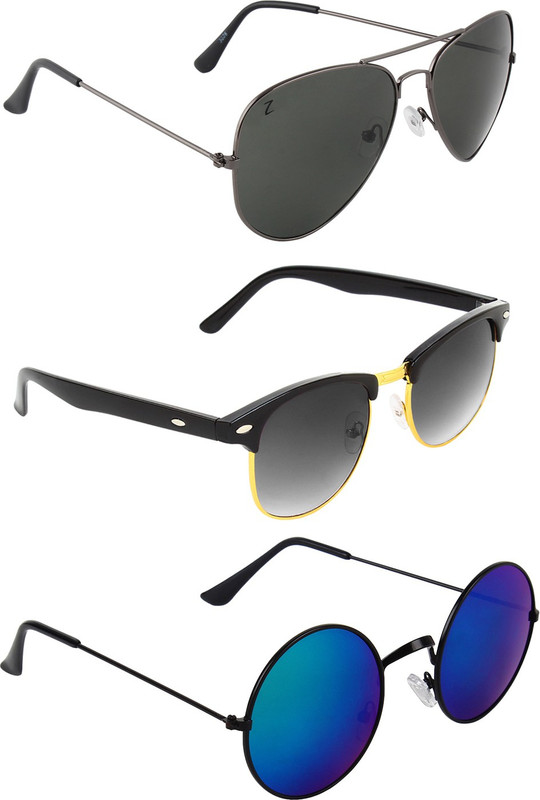 Zyaden Aviator, Round, Round Sunglasses(Black, Black, Blue)
