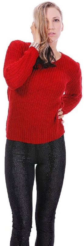 Lioness Woven Round Neck Party Women Red Sweater