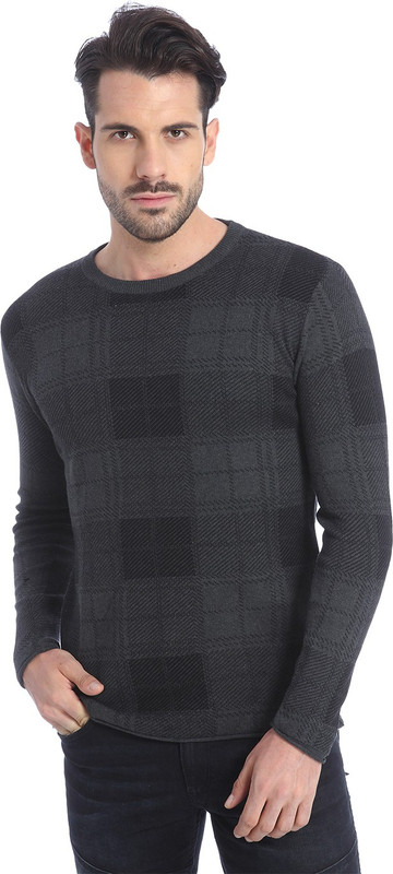 Jack & Jones Checkered Round Neck Casual Men Grey Sweater