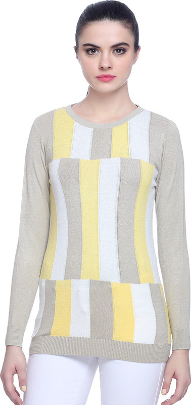 Miss Grace Self Design Round Neck Party Women Beige Sweater