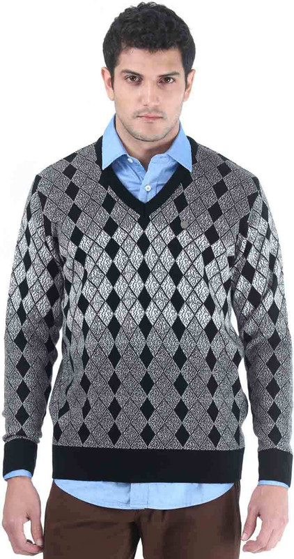 Consul Printed V-neck Casual Men Black, Grey Sweater