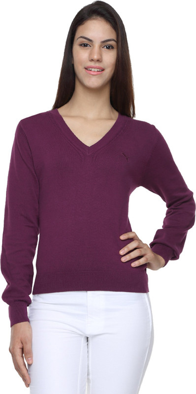 Puma Solid V-neck Casual Women Purple Sweater