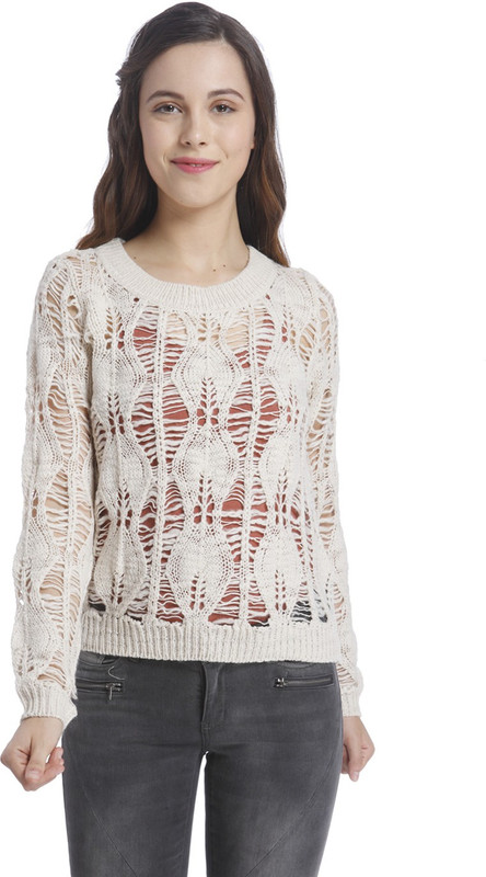 Vero Moda Solid Round Neck Casual Women White Sweater