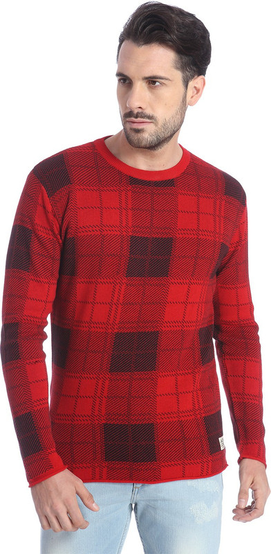 Jack & Jones Checkered Round Neck Casual Men Red Sweater