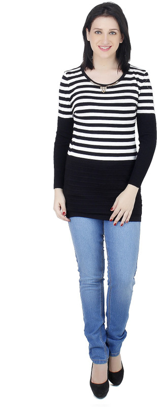 Camey Striped Round Neck Casual Women White Sweater