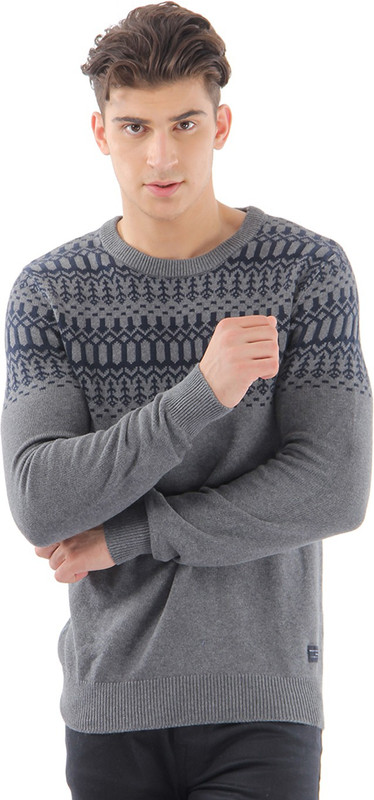 Selected Geometric Print Round Neck Casual Men Grey Sweater