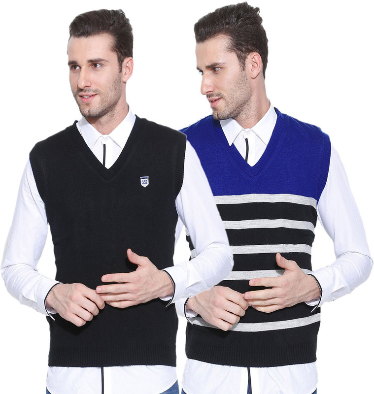 Sports 52 Wear Striped V-neck Casual Men Reversible Blue Sweater