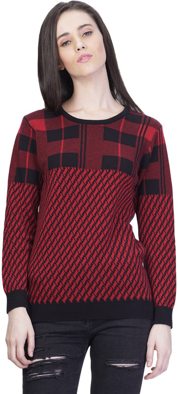 Kalt Self Design Round Neck Casual Women Red, Black Sweater