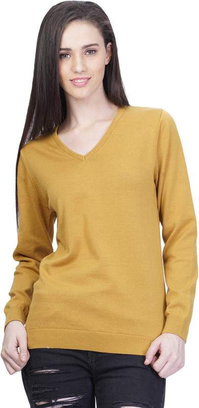 Kalt Solid V-neck Casual Women Yellow Sweater