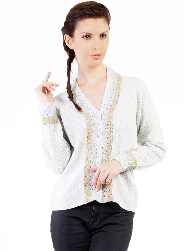 Pazaro Self Design V-neck Casual Women Grey Sweater