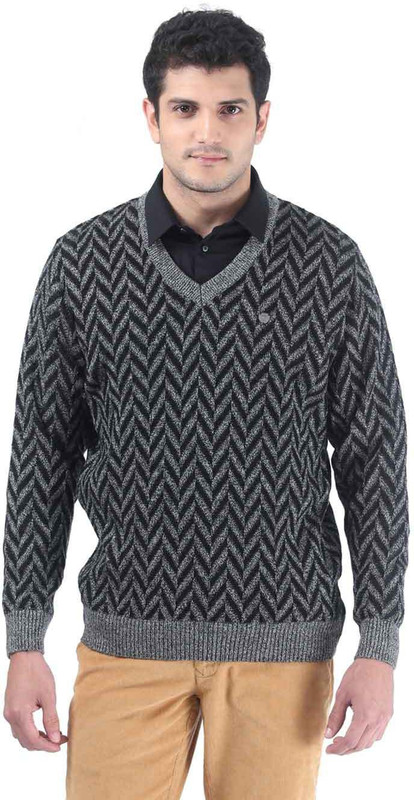 Consul Printed V-neck Casual Men Grey, Black Sweater