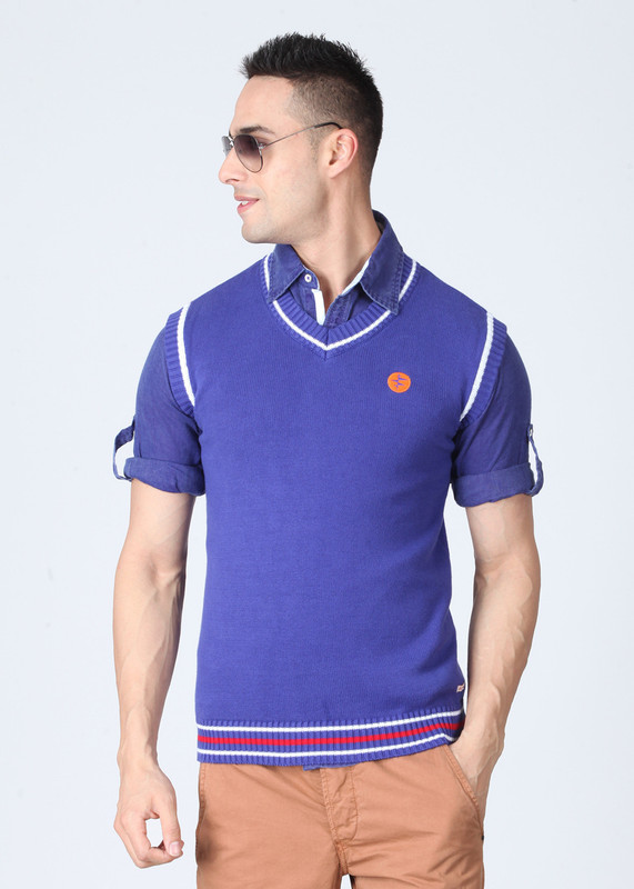 Breakbounce Solid V-neck Casual Men Blue Sweater