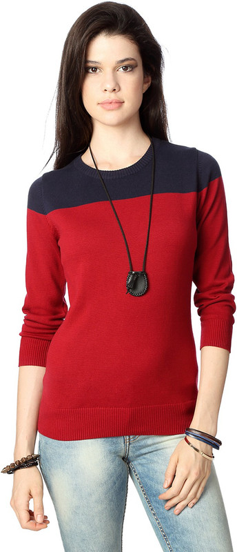 People Solid Round Neck Casual Women Maroon Sweater