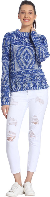 Vero Moda Geometric Print Turtle Neck Casual Women Blue Sweater