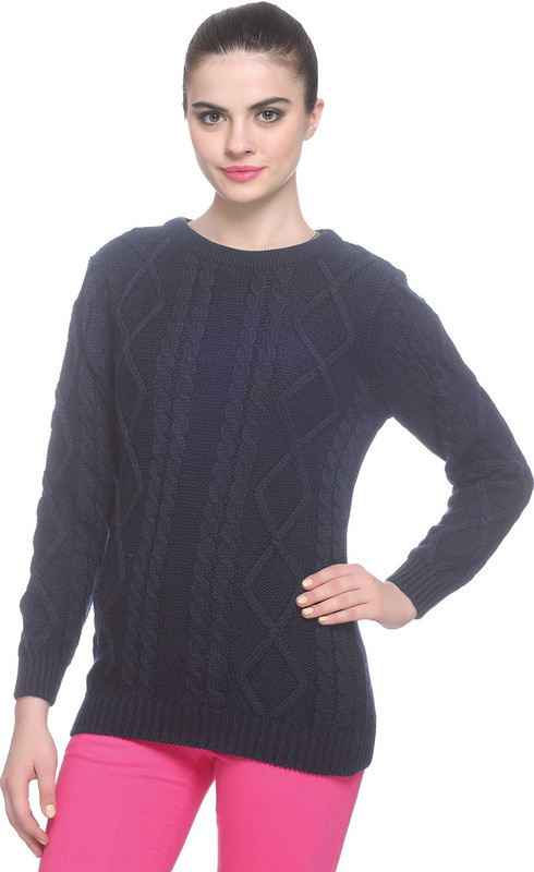 Miss Grace Self Design Round Neck Party Women Blue Sweater