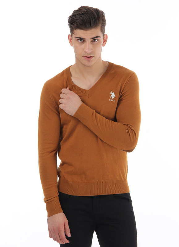 U.S. Polo Assn Solid V-neck Casual Men Brown Sweater