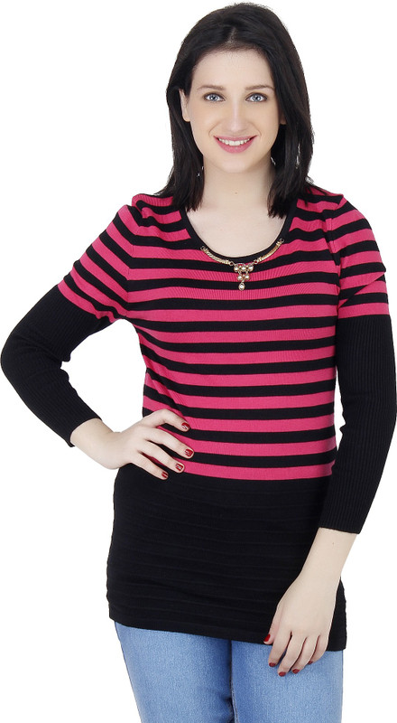 Camey Striped Round Neck Casual Women Pink Sweater
