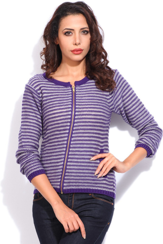 Van Heusen Self Design Casual Women White, Purple Sweater