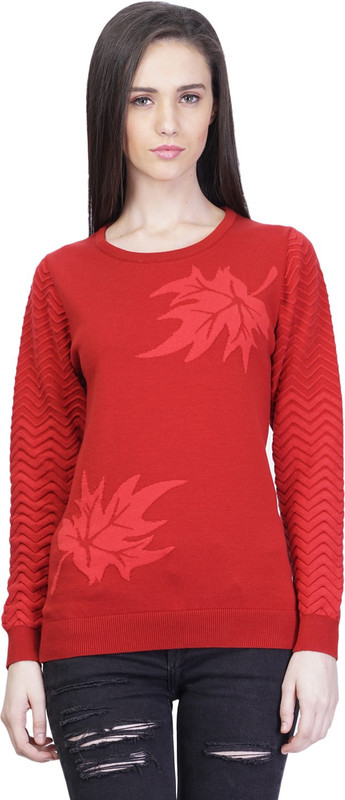 Kalt Self Design Round Neck Casual Women Red Sweater