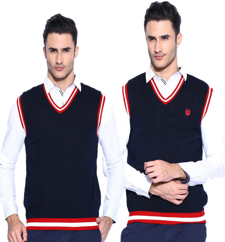 Sports 52 Wear Solid V-neck Casual Men Dark Blue Sweater
