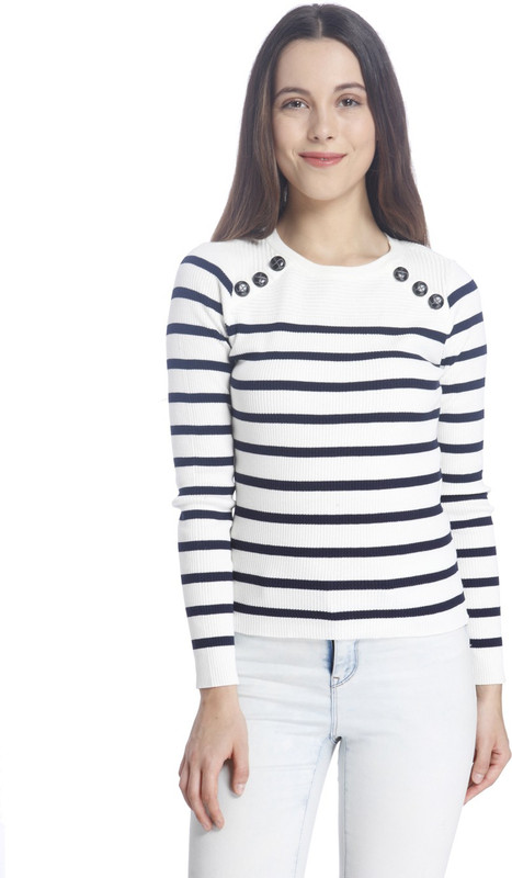 Vero Moda Striped Round Neck Casual Women White Sweater
