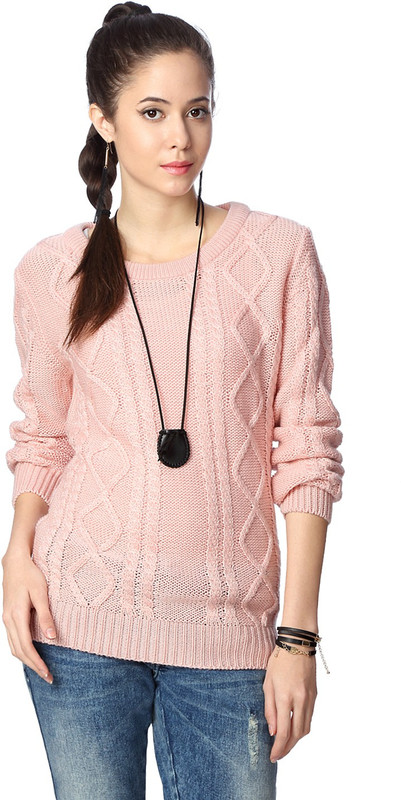 People Geometric Print Round Neck Casual Women Pink Sweater