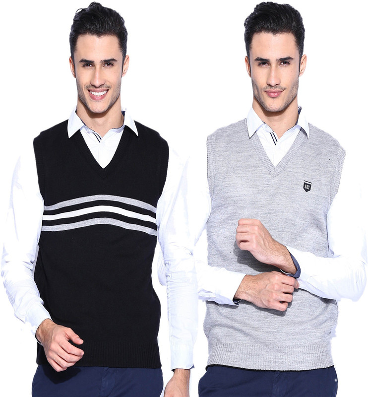 Sports 52 Wear Striped V-neck Casual Men Reversible Black, Grey Sweater