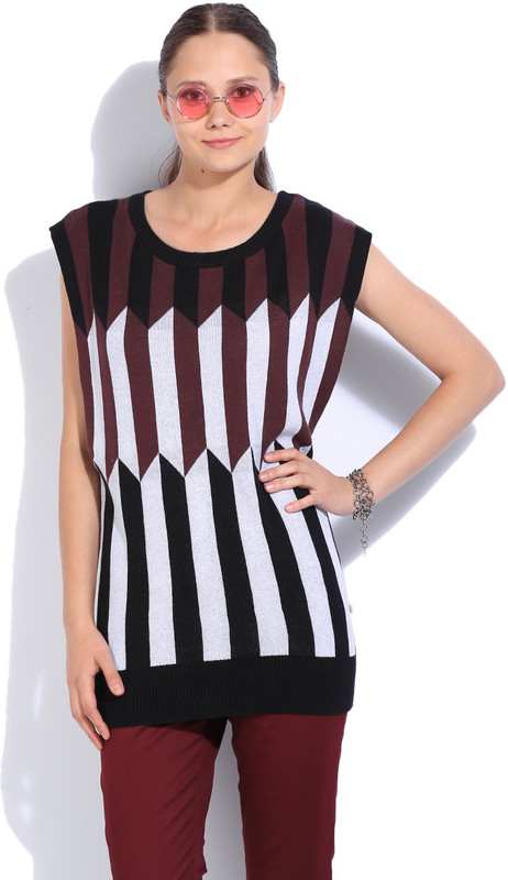 United Colors of Benetton. Striped Round Neck Casual Women White, Black, Brown sweater