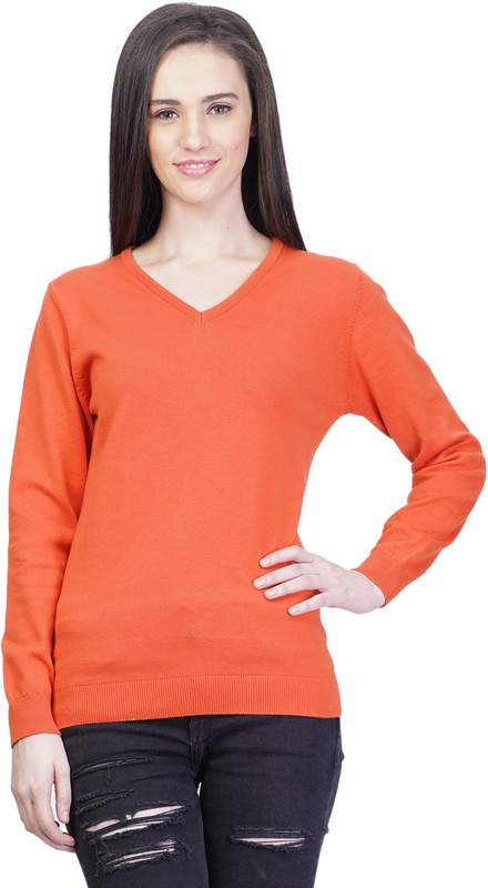 Kalt Solid V-neck Casual Women Orange Sweater