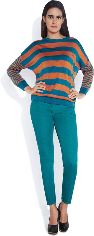 Park Avenue Striped Round Neck Women Orange Sweater