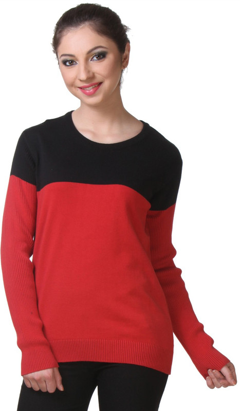 Kalt Striped Round Neck Casual Women Red, Black Sweater