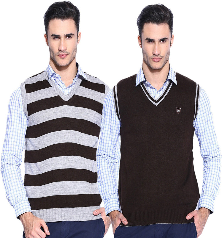 Sports 52 Wear Striped V-neck Casual Men Reversible Brown Sweater