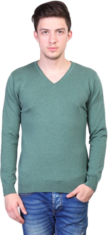 Kalt Solid V-neck Casual Men Green Sweater