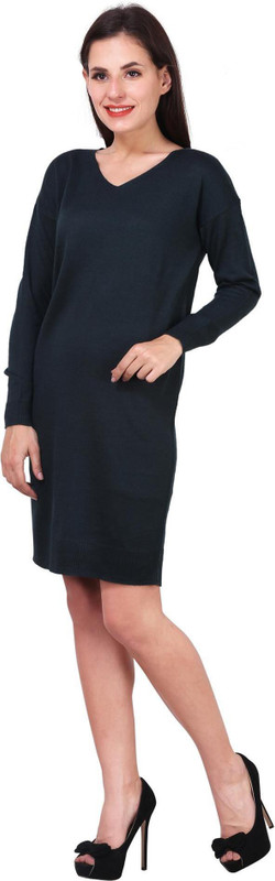 Kotty Solid V-neck Casual Women Blue Sweater