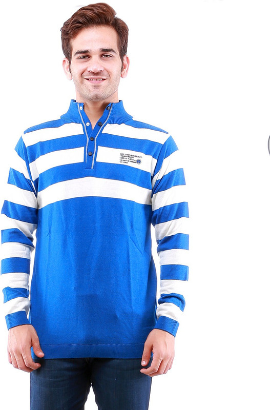 Dee Venice Striped V-neck Casual Men Blue Sweater