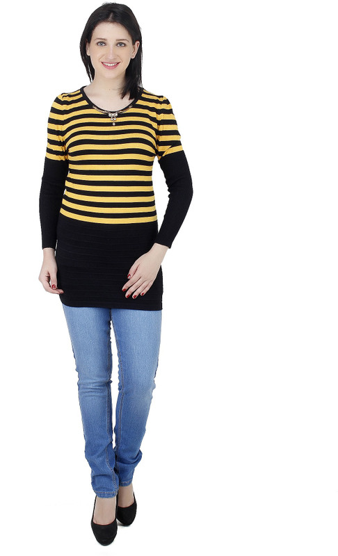 Camey Striped Round Neck Casual Women Yellow Sweater