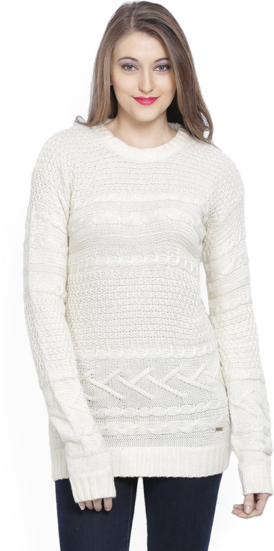 Pepe Jeans Self Design Round Neck Casual Women White Sweater