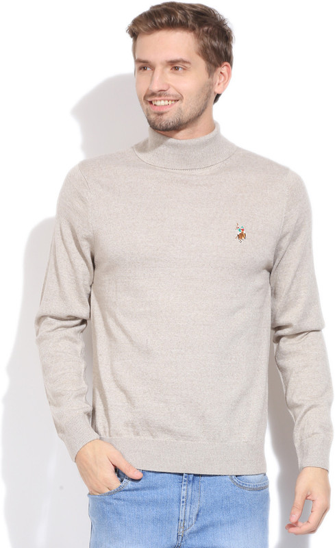 U.S. Polo Assn Solid Turtle Neck Casual Men Beige Sweater
