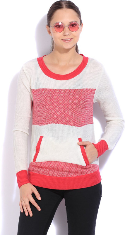 Flying Machine Self Design Round Neck Casual Women White, Pink Sweater