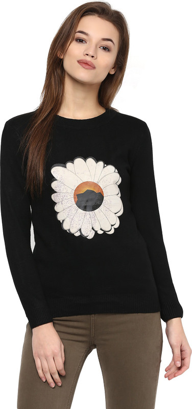 Camey Floral Print Round Neck Casual Women Black Sweater